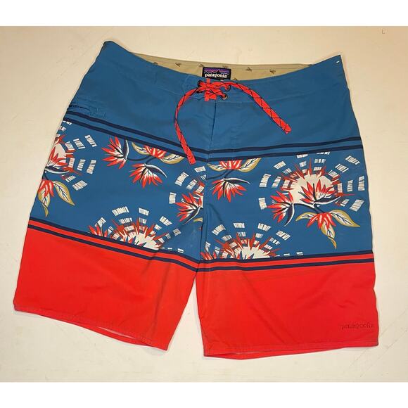 Patagonia Mens Board Shorts 36 Blue Cream Swim Trunks Recycled Polyester Outdoor - Picture 1 of 10